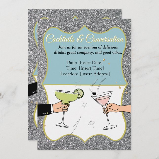 Cocktail party, sophisticated conversations, drink invitation (Front/Back)