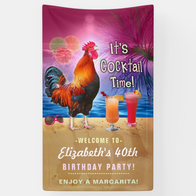 Cocktail Party Tropical Rooster Funny Birthday Banner (Vertical)