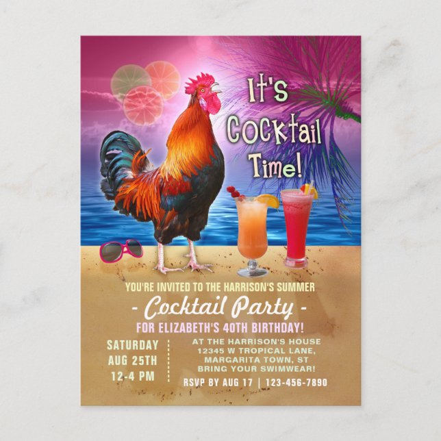 Cocktail Party Tropical Rooster Funny Birthday Invitation Postcard (Front)