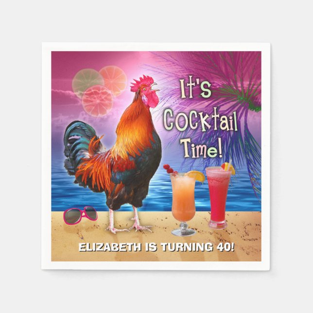 Cocktail Party Tropical Rooster Funny Birthday Napkin (Front)