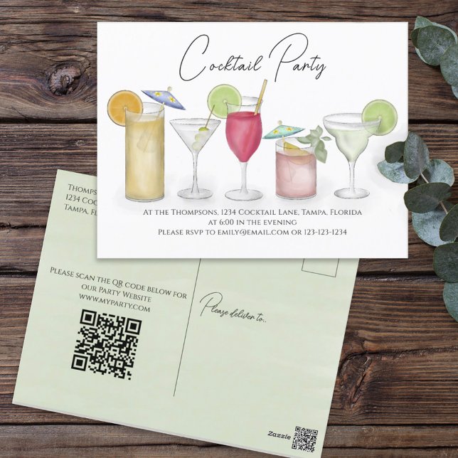 Cocktail Party Watercolor Drinks Invitation Postcard (Creator Uploaded)
