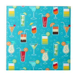 Cocktail Pattern on Teal Background Ceramic Tile
