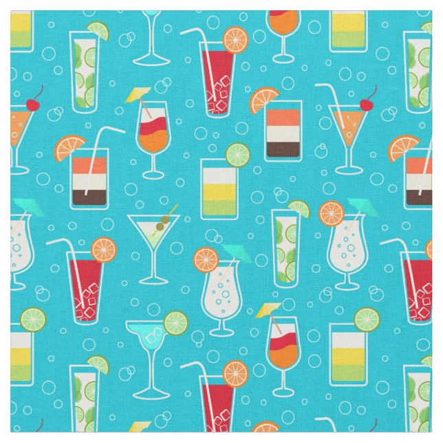 Cocktail Pattern on Teal Background Fabric (Close Up)
