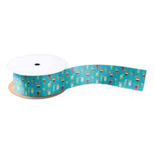 Cocktail Pattern on Teal Background Satin Ribbon
