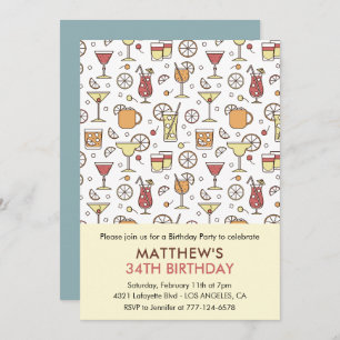 Cocktail Pattern Retro Champagne 34th birthday Invitation