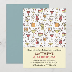 Cocktail Pattern Retro Champagne 61st birthday Invitation