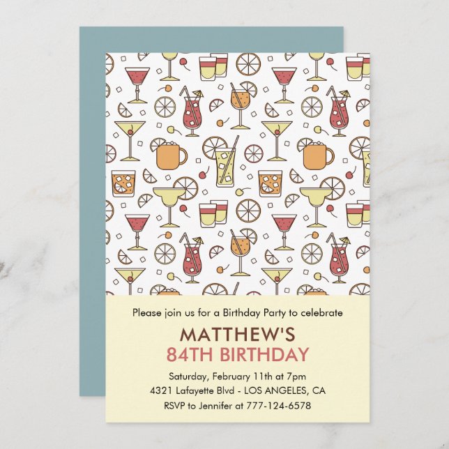 Cocktail Pattern Retro Champagne 84th birthday Invitation (Front/Back)