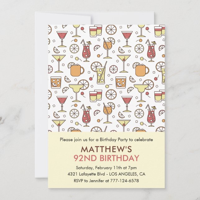 Cocktail Pattern Retro Champagne 92nd birthday Invitation (Front)