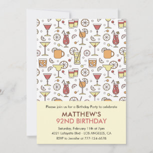 Cocktail Pattern Retro Champagne 92nd birthday Invitation