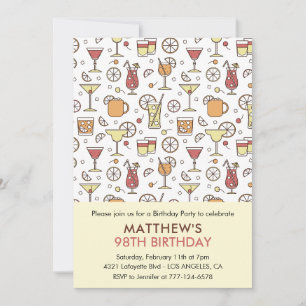 Cocktail Pattern Retro Champagne 98th birthday Invitation