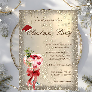 Cocktail Red Bow Santa Hat Christmas Party Invitation