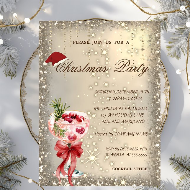 Cocktail Red Bow Santa Hat Christmas Party Invitation (Creator Uploaded)