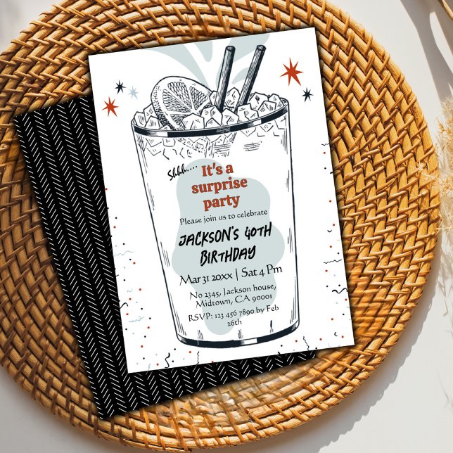Cocktail retro drink themed 40th surprise Birthday Invitation (Creator Uploaded)