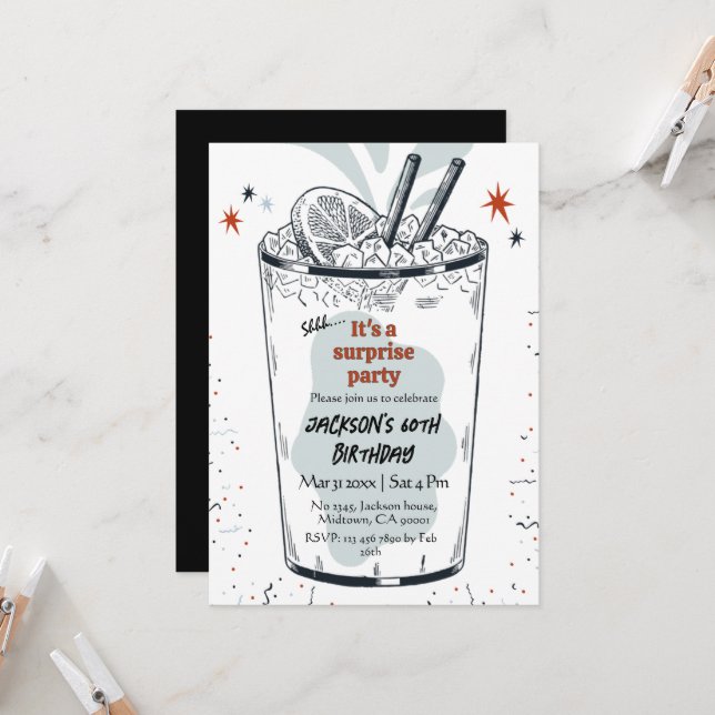 Cocktail retro drink themed 60th surprise Birthday Invitation (Front/Back In Situ)