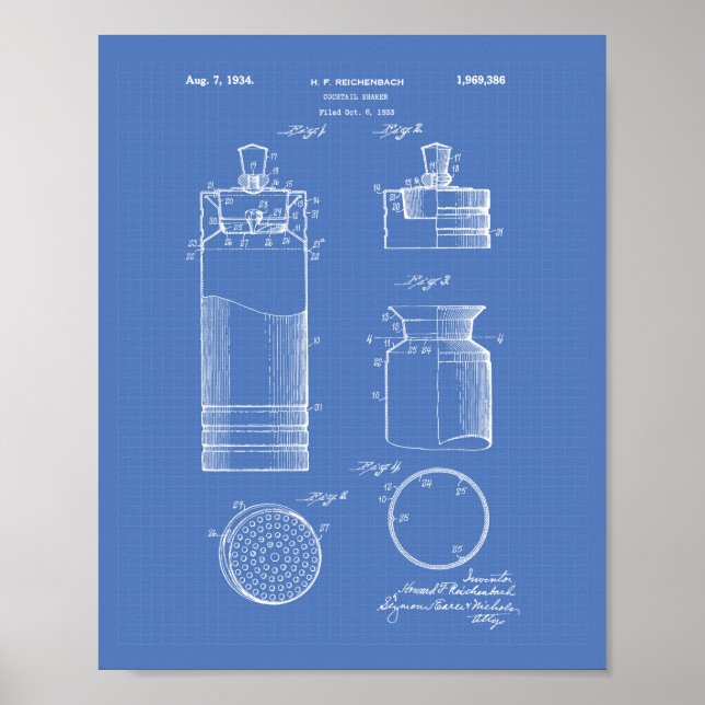 Cocktail Shaker 1934 Patent Art Blueprint Poster (Front)