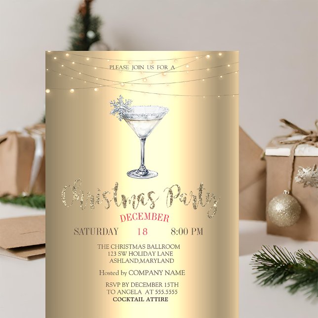  Cocktail Snowflake String Lights Gold Christmas  Invitation (Creator Uploaded)