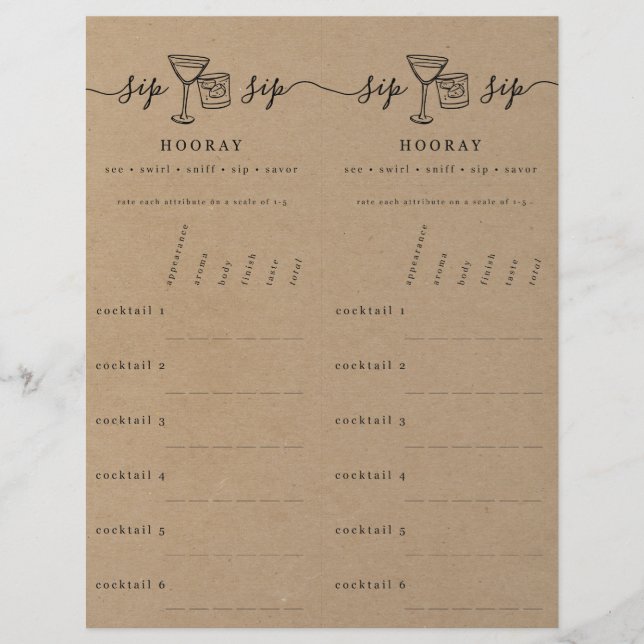 Cocktail Tasting Rating Scorecard on Faux Kraft Custom Letterhead (Front)