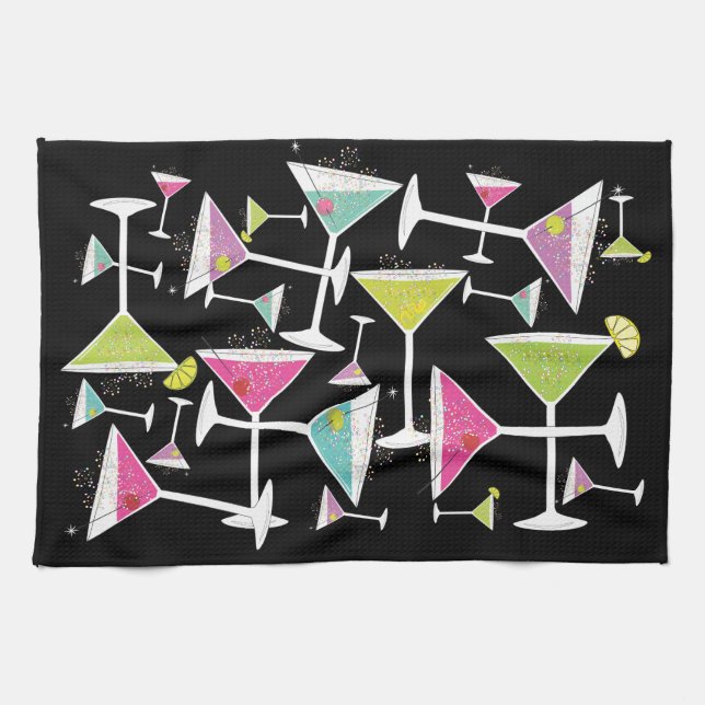 Cocktail Time Colourful Drinks in Martini Glasses Tea Towel (Horizontal)