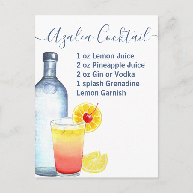 Cocktail Watercolor Recipe Mixed Drinks Azalea Postcard (Front)