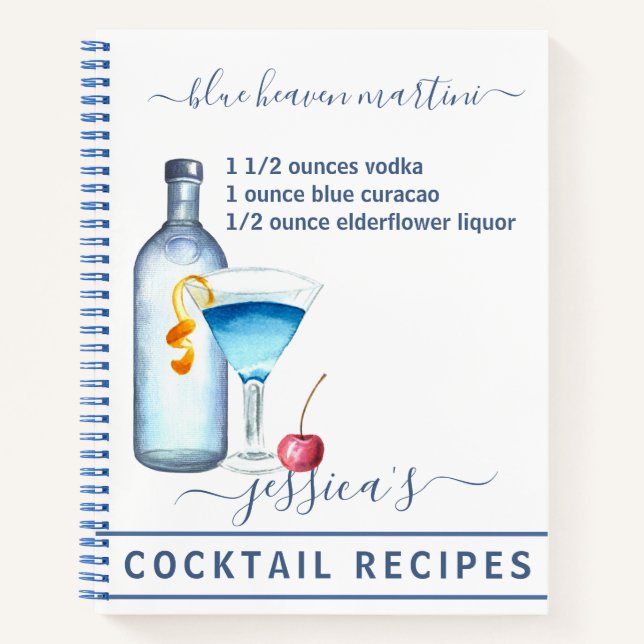 Cocktail Watercolor Recipe Mixed Drinks Martini Notebook (Front)