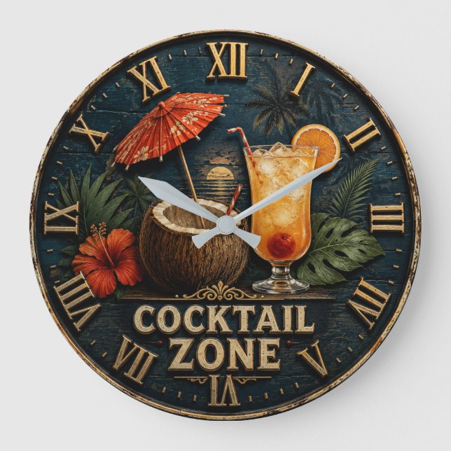 Cocktail Zone Tropical Tiki Bar  Large Clock (Front)