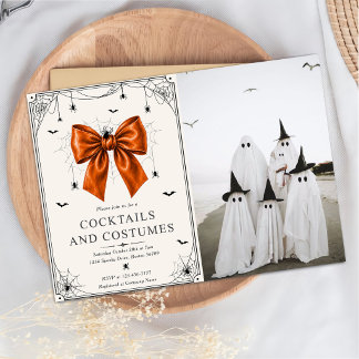 Cocktails And Costumes Photo Halloween Orange Bow Invitation