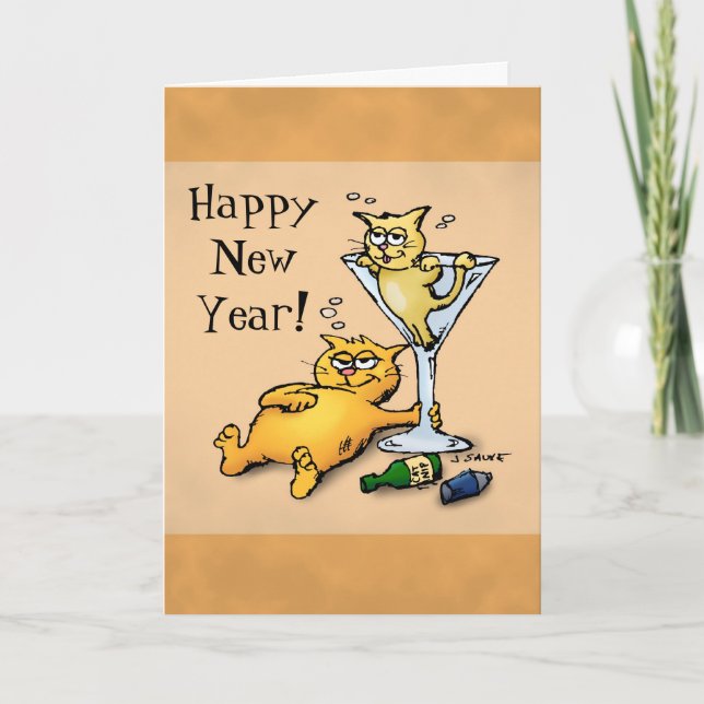 Cocktails and Kittens Happy New Year Cartoon Card (Front)
