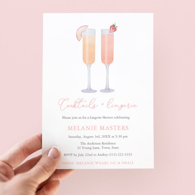Cocktails and Lingerie Bachelorette Wedding Shower Invitation (Cocktails & Lingerie Bridal Shower Invitation featuring watercolor fruit bellini cocktails)