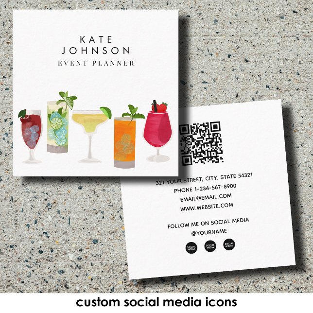 Cocktails Bartender Event Planner QR Code Square Business Card (Cocktails Bartender Event Planner QR Code Square Business Card)