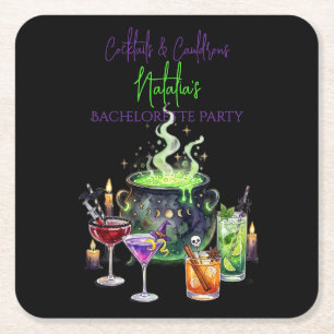 Cocktails & Cauldrons Halloween Bachelorette Party Square Paper Coaster