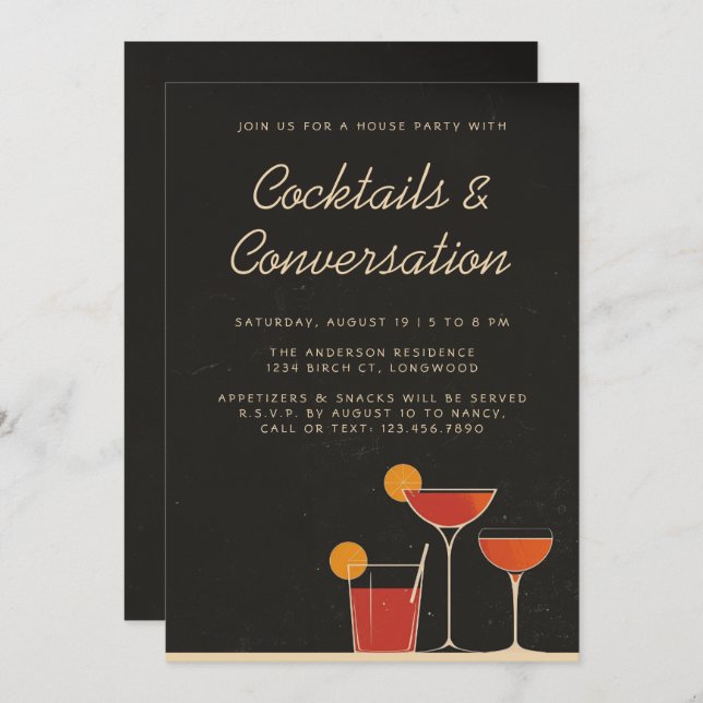Cocktails & Conversation Retro Drinks House Party Invitation (Front/Back)