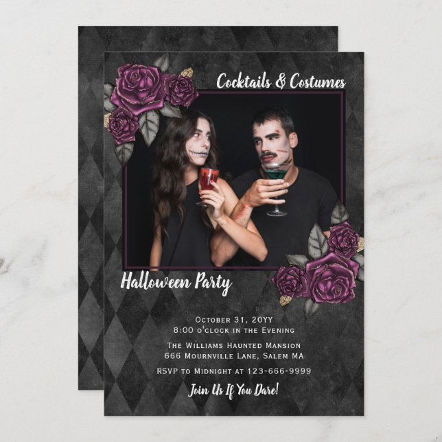 Cocktails Costumes Gothic Roses Photo Halloween Invitation (Front/Back)