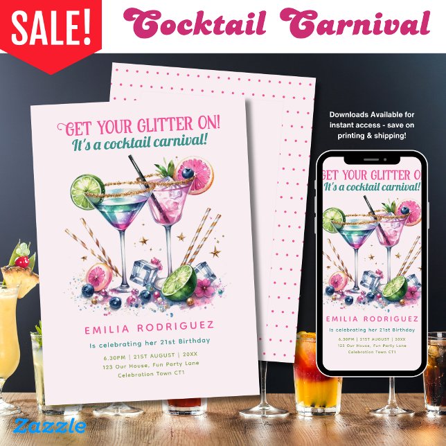 Cocktails Glitter Candy Carnival Birthday - ANY Invitation (Creator Uploaded)