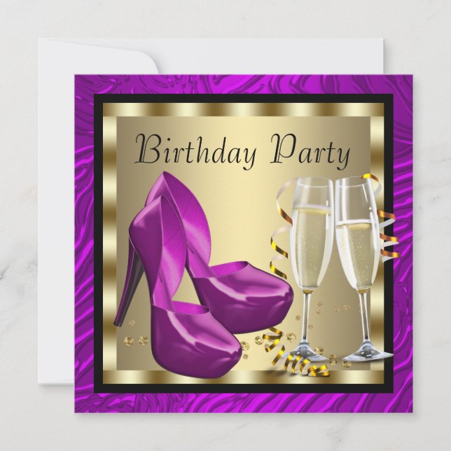 Cocktails High Heel Shoes Purple Zebra Birthday Invitation (Front)