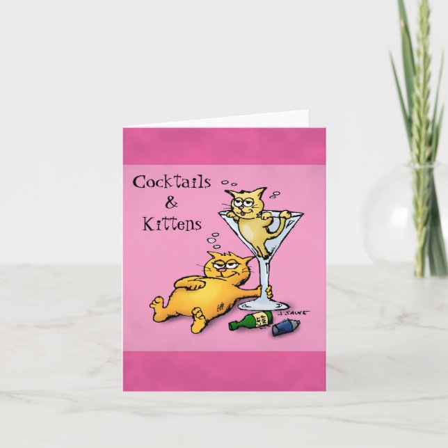 Cocktails & Kittens Blank Inside Pink Note Card (Front)
