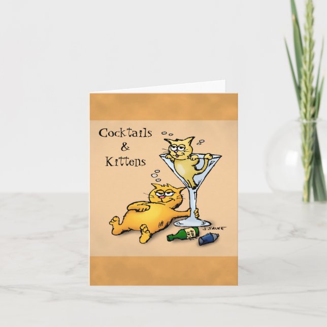 Cocktails & Kittens Cartoon Blank Inside Note Card (Front)