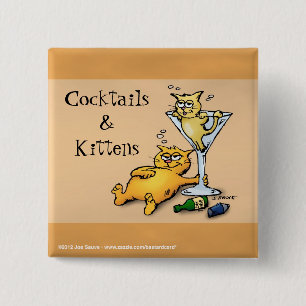 Cocktails & Kittens Gold Cartoon Button