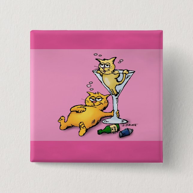 Cocktails & KIttens Pink Cartoon Button (Front)