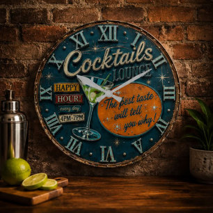 Cocktails Lounge Bar Decor Happy Hour Retro Large Clock