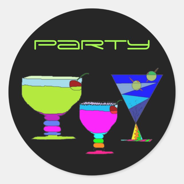 Cocktails Party Neon Drinks on Black Sticker (Front)