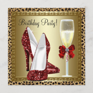 Cocktails Red High Heel Shoes Leopard Birthday Invitation