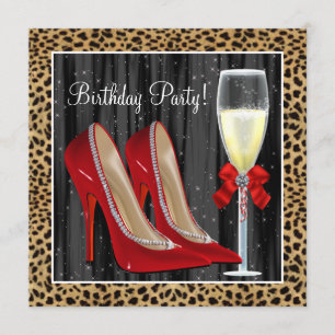 Cocktails Red High Heel Shoes Leopard Birthday Invitation