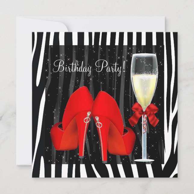 Cocktails Red High Heel Shoes Zebra Birthday Invitation (Front)