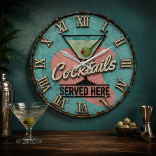 Cocktails Served Here Bar Decor Mid-Century Large Clock
