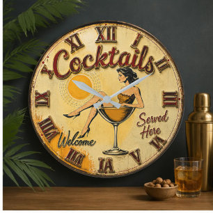 Cocktails Served Here Vintage Pin-Up Martini Bar D Large Clock