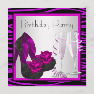 Cocktails Shoes Womans Purple Zebra Birthday Party Invitation