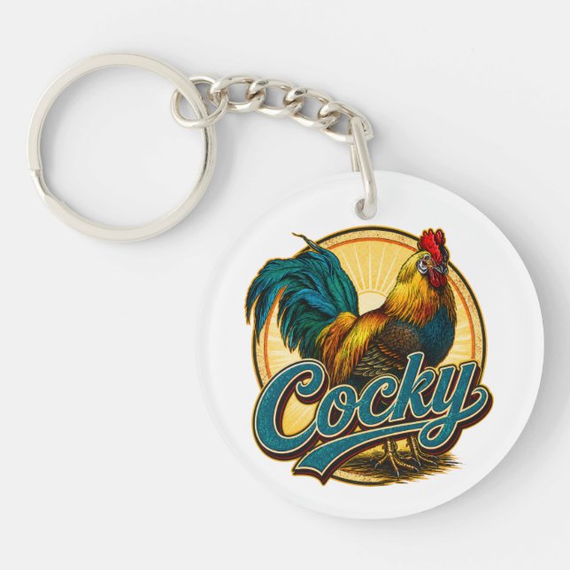 Cocky Rooster Vintage Farmhouse Key Ring (Front)
