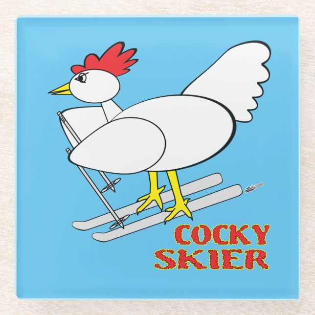 Cocky Skier Glass Coaster (Front)