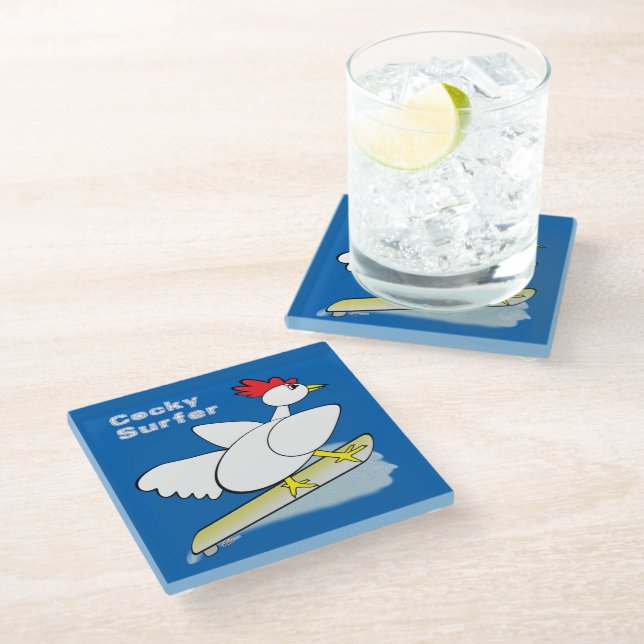 Cocky Surfer Glass Coaster (Angled)