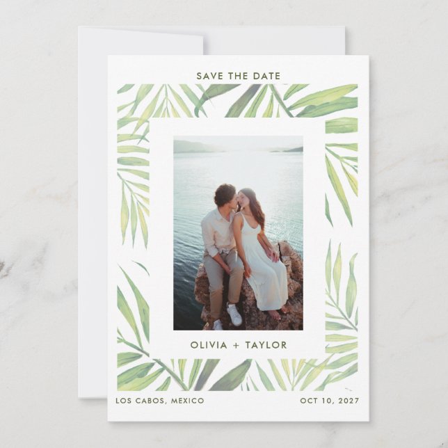 COCO Watercolor Palm Leaf Save the Date Invitation (Front)